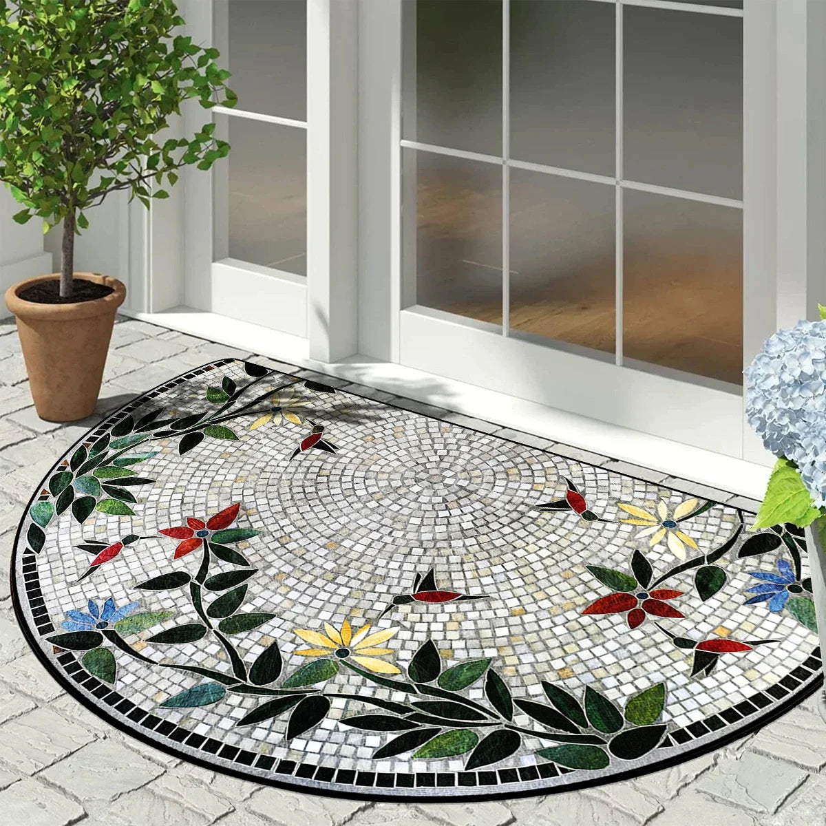 FLORAL SEMI-CIRCLE DOORMAT - Short-Loop Polyester, 8 Patterns & 9 Sizes - Soft Entries