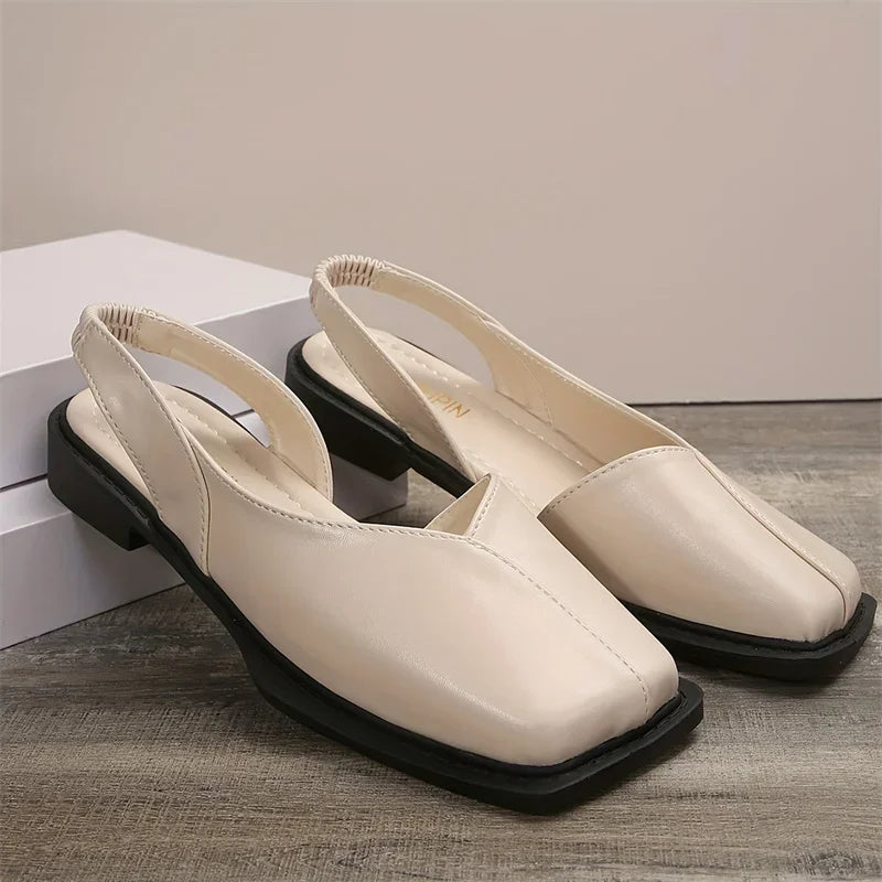 Leather Toe Cap Sandals for Women 2024 New Flat Bottomed Square Toe Single Shoes, Retro Exterior Wear, Anti Slip Beach Slippers