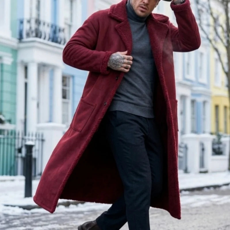WINTER LONG FLEECE COAT - Men's Windproof Overcoat Turn-Down Collar Single Breasted England Style - Ginger / Burgundy / Black / Sky Blue