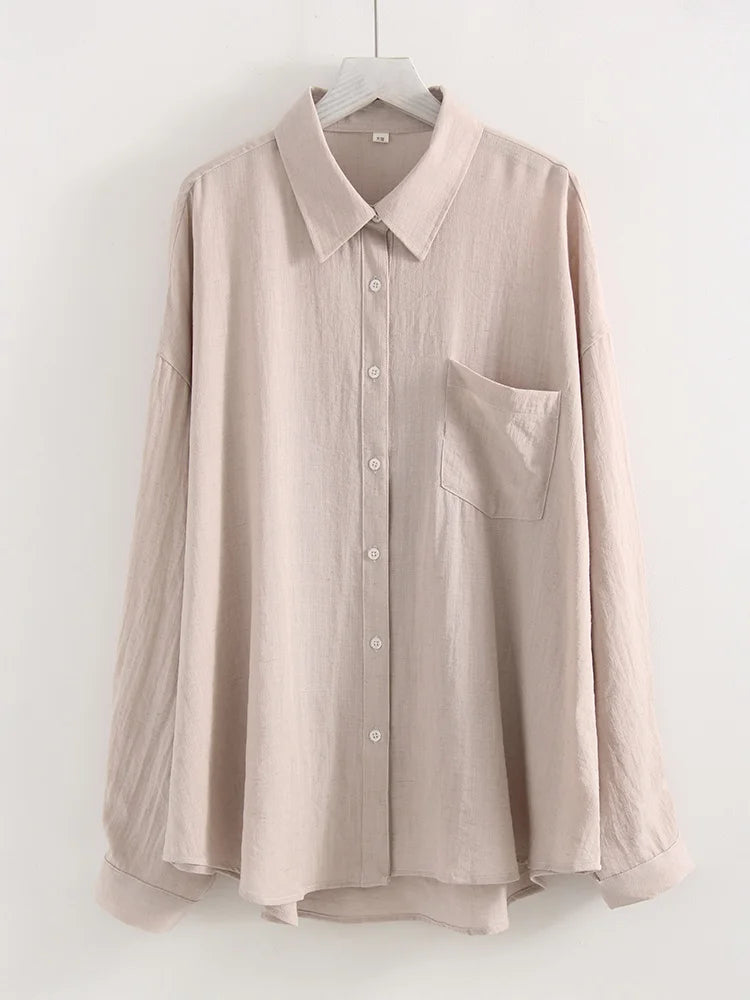 Streamgirl Summer White Linen Shirts For Women Oversized Long Sleeve Tops Lady Loose Basic Linen Tops Women Blue Shirts Oversize