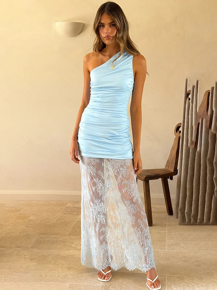 Blifanbo Inclined Shoulder Lace Sexy Maxi Dress Women Elegant Patchwork Bodycon See Through Sleeveless Club Party Long Dress