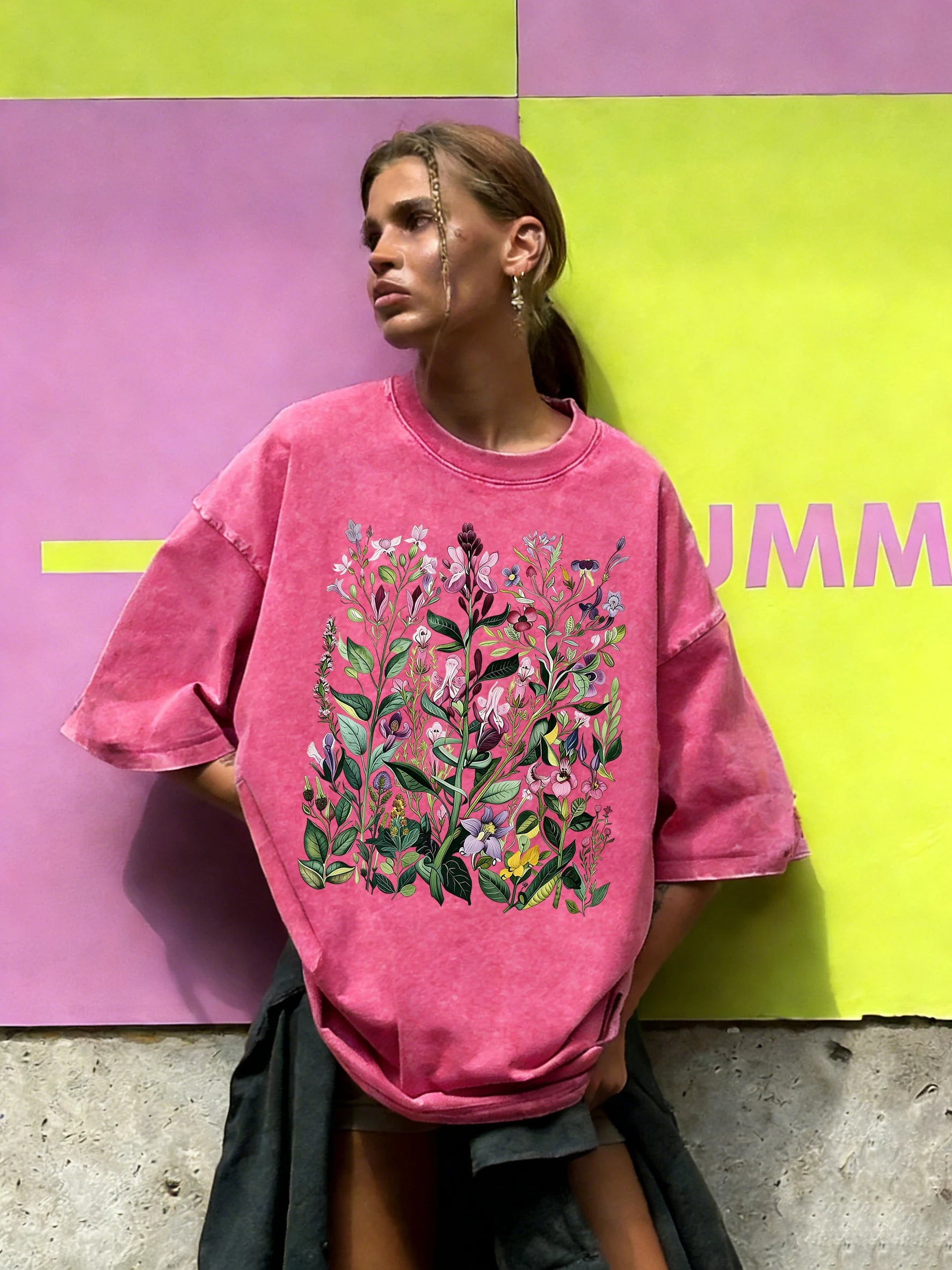 Having Different Beautiful Flowers Print Women Washed T Shirt Summer Loose T-Shirt Crewneck Cotton Clothes All-Match Streetwear
