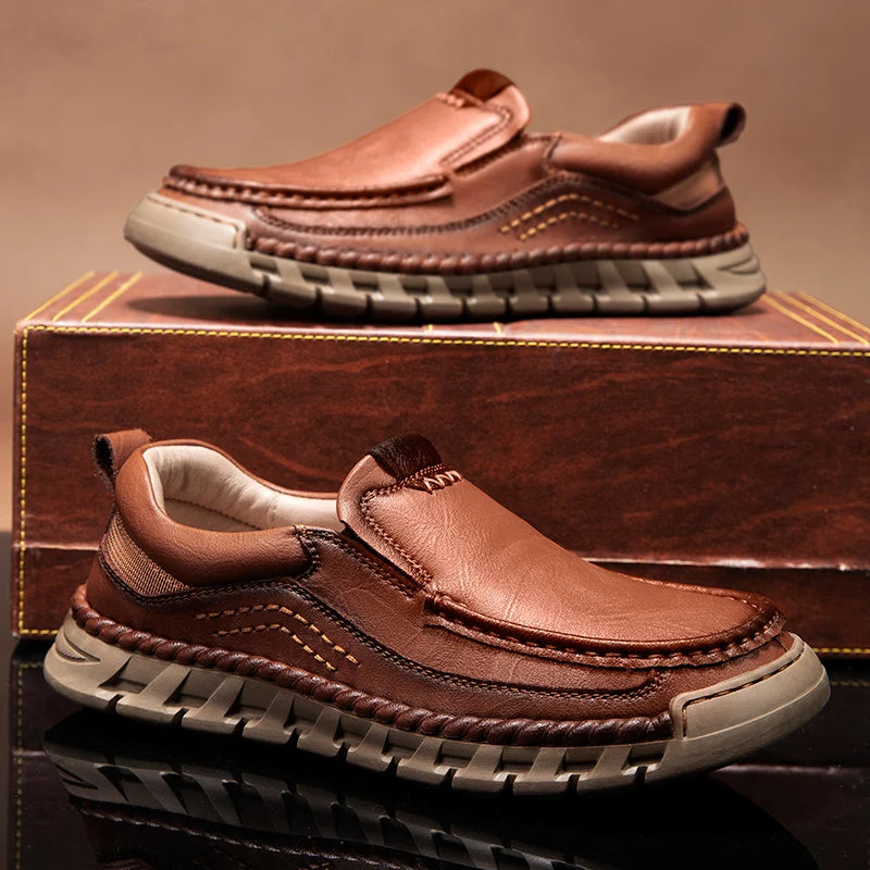 EASY GRAIN - Men's Handmade Split Leather Loafers - Flat Moccasins, Casual Comfort