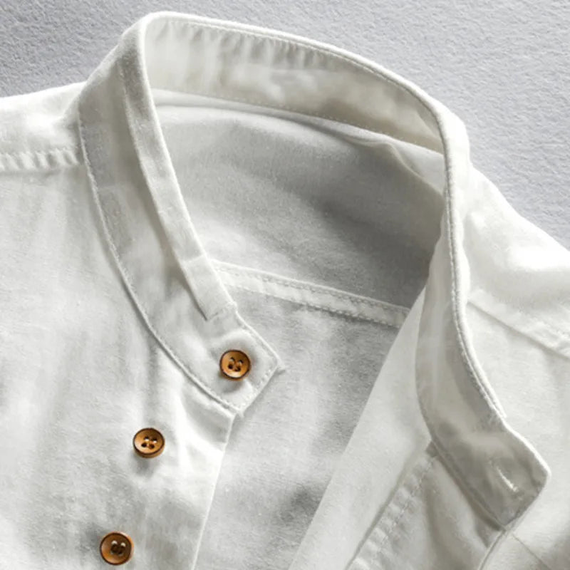 MEN'S LINEN COTTON SHIRT - Stand Collar, Long Sleeve - Easy Days
