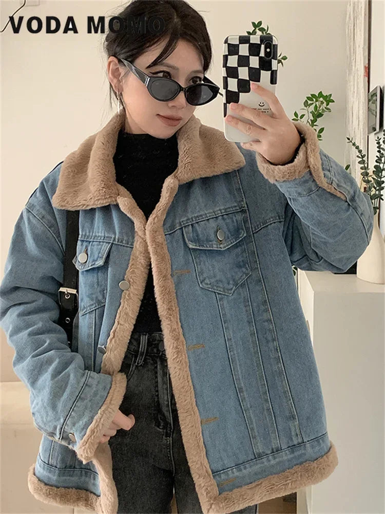 Fur Collar Denim Jacket – Fleece Lined Retro Casual