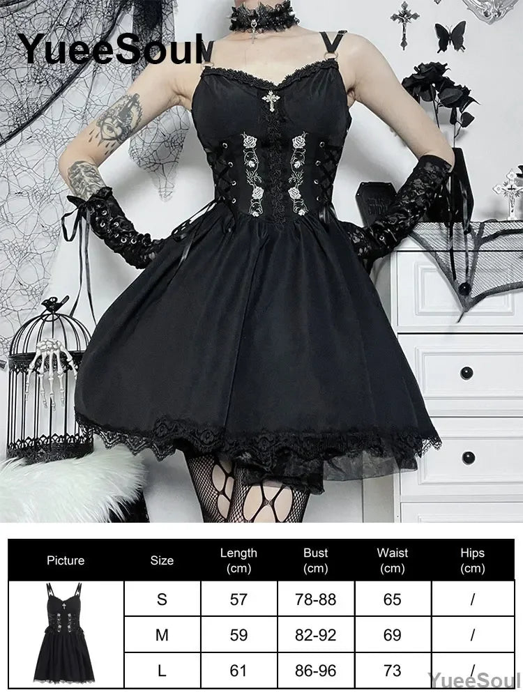 Grunge Gothic Women Dress Lace Trim High Waist Bodycon Mini Dress 2026 New E-girl Vintage Punk Harajuku Lolita Party Clothes
