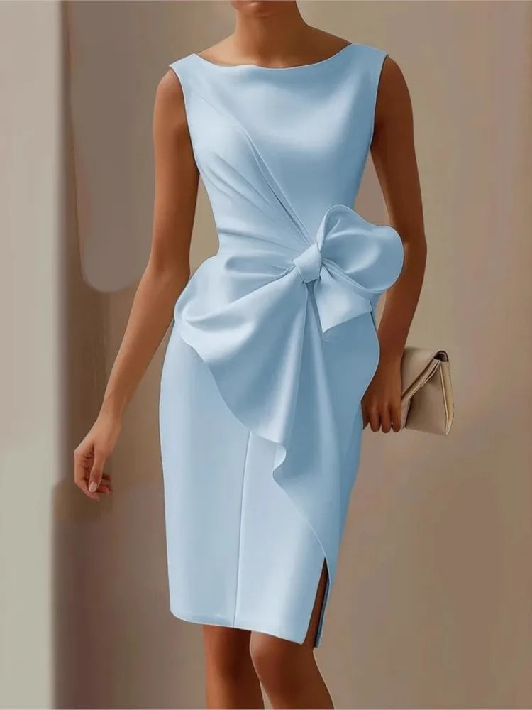Elegant Solid Bow Dress For Women Fashion Sleeveless O Neck Slim Package Hip Dresses Lady Formal Evening Party Women's Clothing