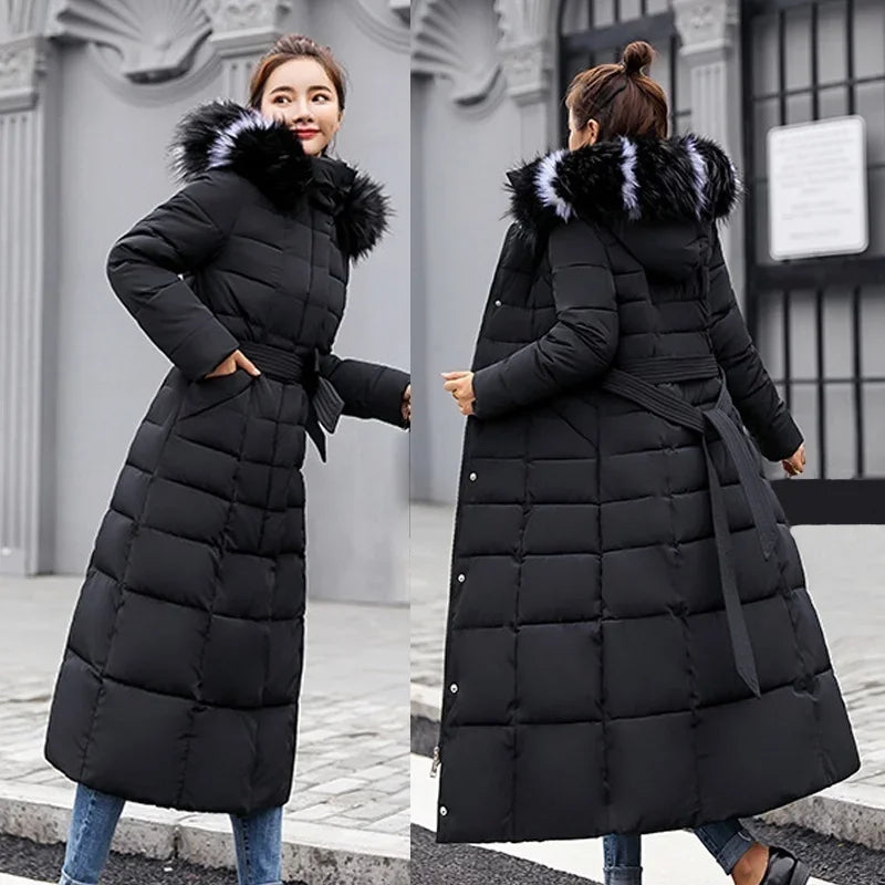 Long Slim Coat - Fox Fur Collar & Bow Belt