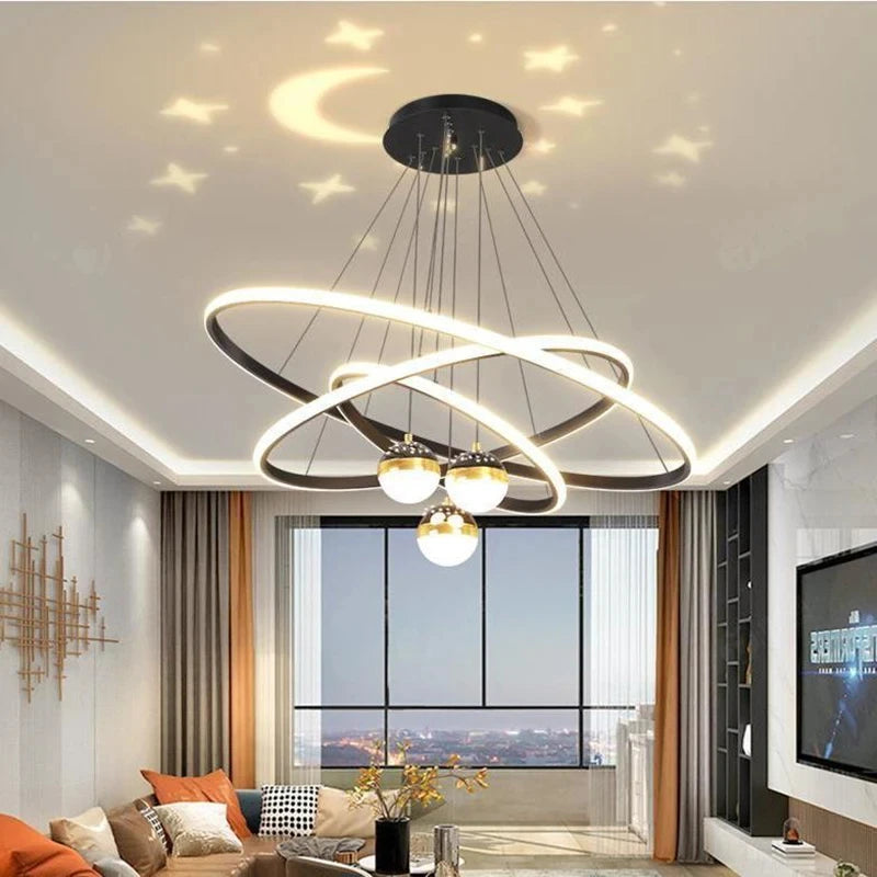 Triple Ring LED Pendant Light – Black/Gold, 60-40-20cm, 3-Color