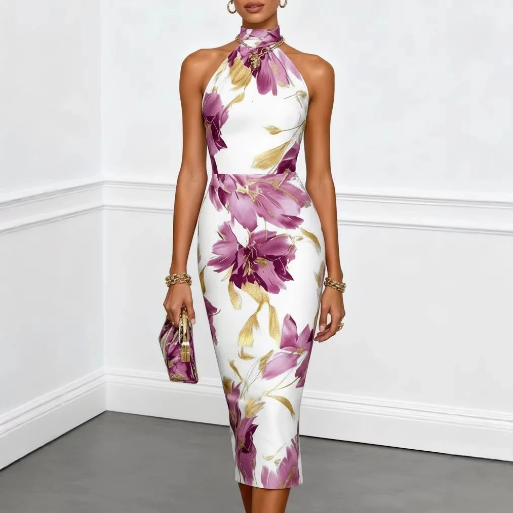 2026 Women's Sexy Slim Fit Hip-covering Floral Printed Halter Dress