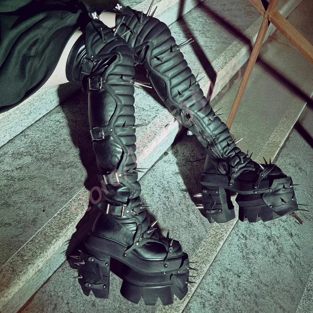 Punk Rivet Motorcycle Boots – Over-Knee Belt Buckle