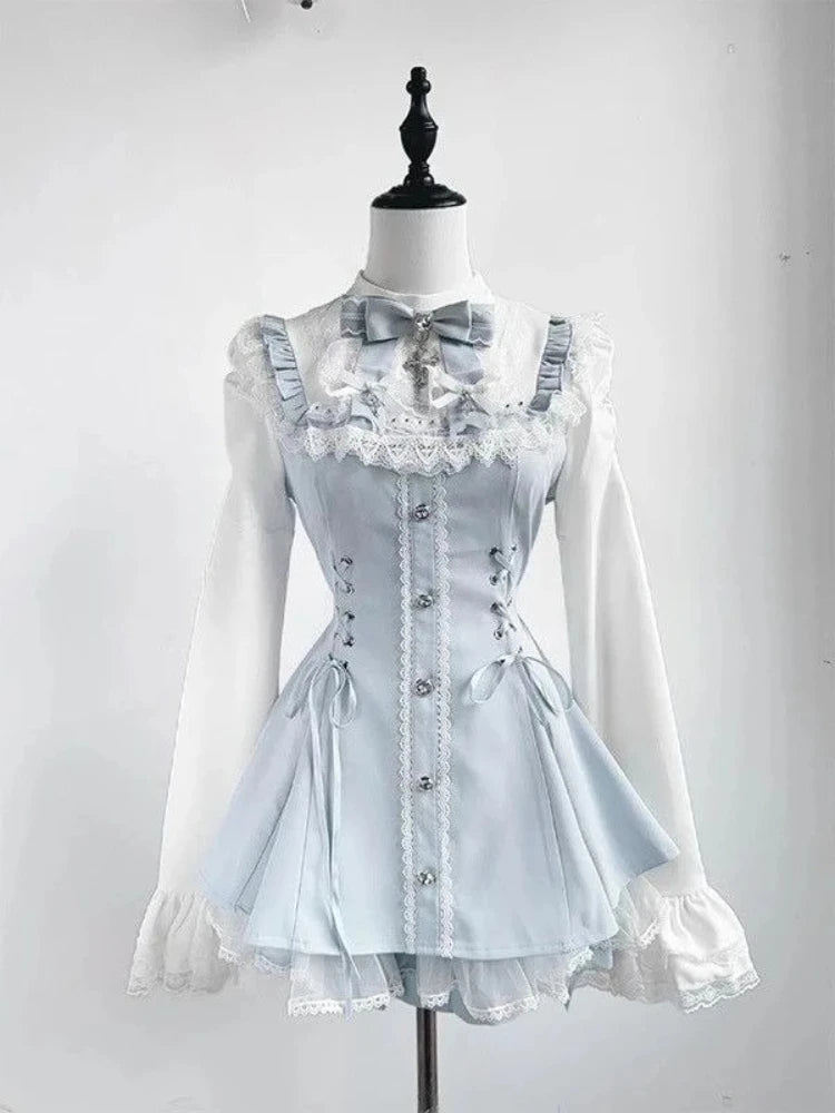 Japanese Gothic Lolita Dress Set Women Harajuku Y2k Bow Lace Ruffles Collar Mini Dresses Female Elegant Party Cute Dress