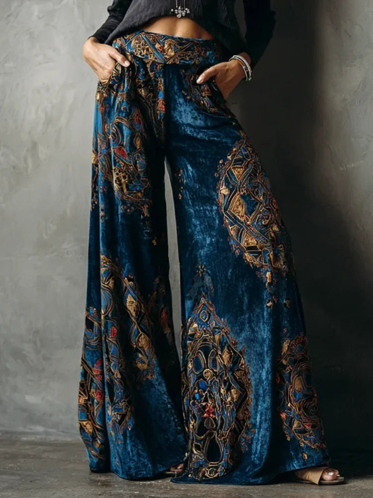 Retro Ethnic Wide Leg Pants - High Waist Paisley