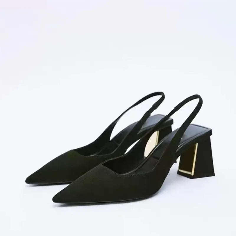 Fashion Block Heel Slingbacks Women 2025 Summer Pointed Toe Pumps Elegant Office Ladies High Heels Women's Comfortable Sandals