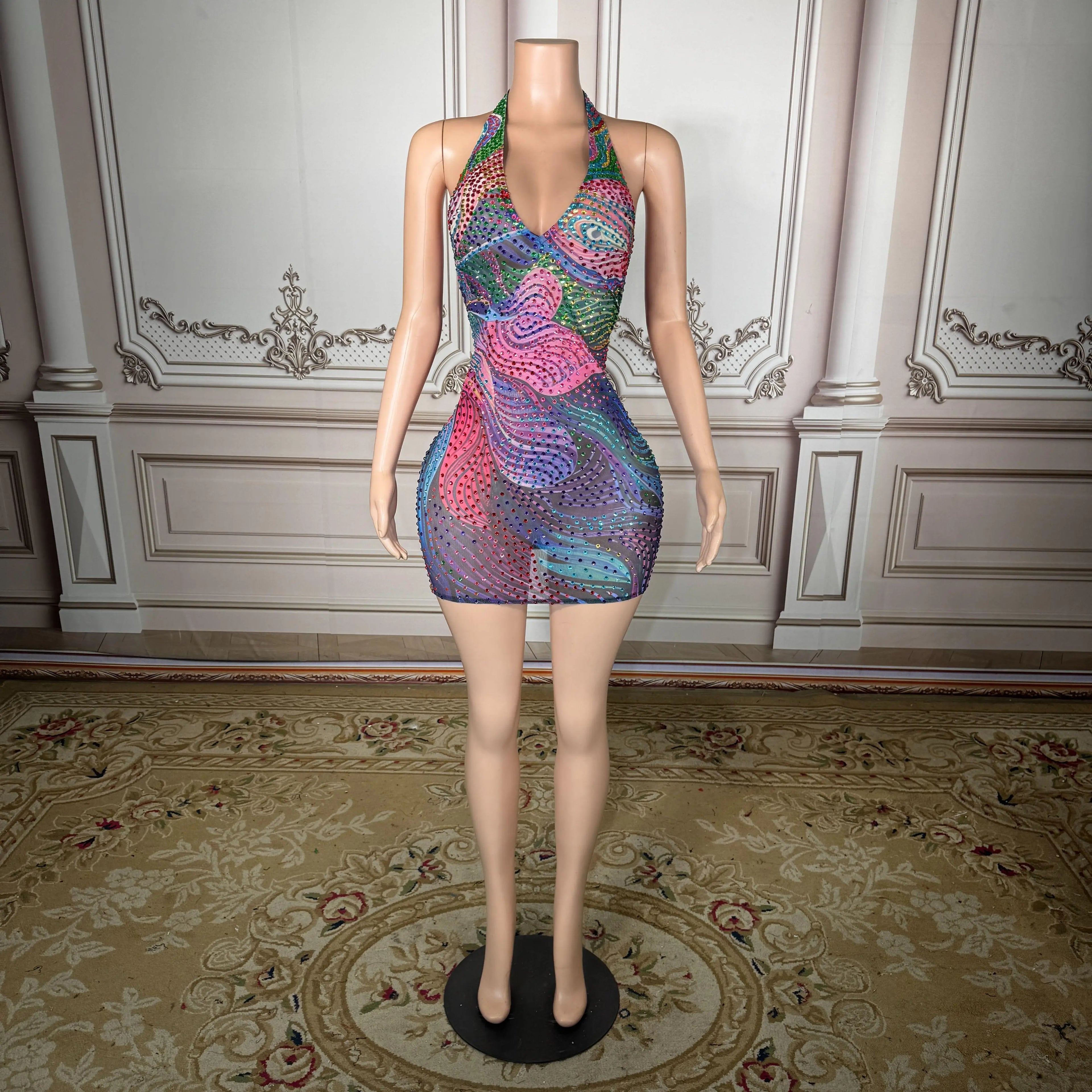 ZD ZD Plus Size Sexy Sheer Mesh Dress with Low Back & Colorful Rhinestones - Glamorous Nightclub & Party Gown for Women
