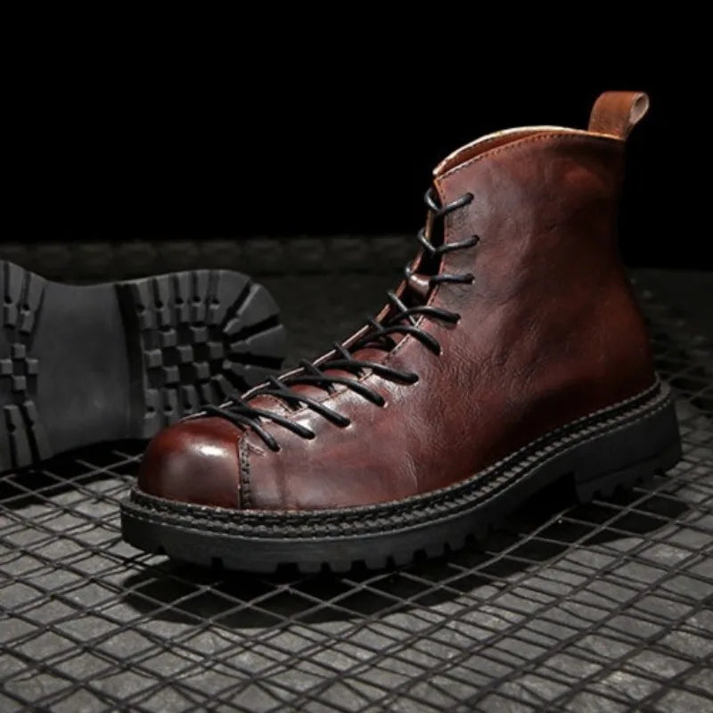 Men's Handmade Genuine Leather Motorcycle Boots - British Vintage High Top Lace-Up Winter