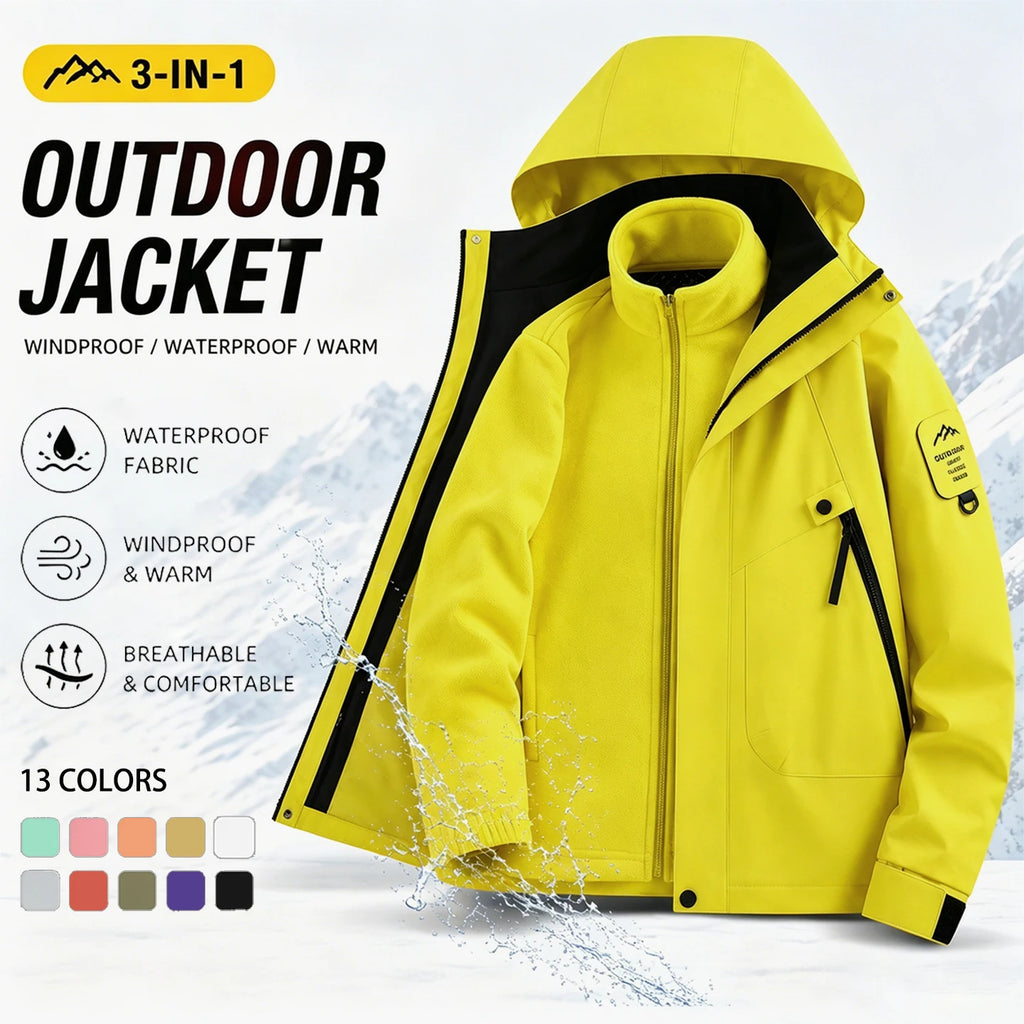 Men's 3-in-1 Jacket - Removable Fleece Liner - Waterproof & Windproof Outdoor Coat