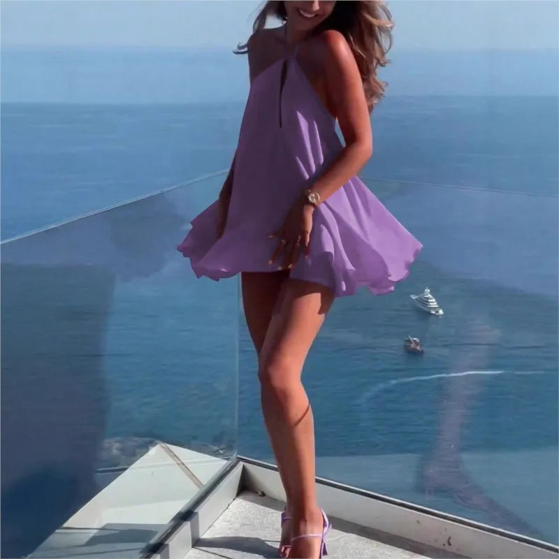 Sexy Off Shoulder Hanging Strap Loose Mini Dresses Sleeveless Hollow Out Deep V-neck Beach Dress Backless Women  Summer Vestidos