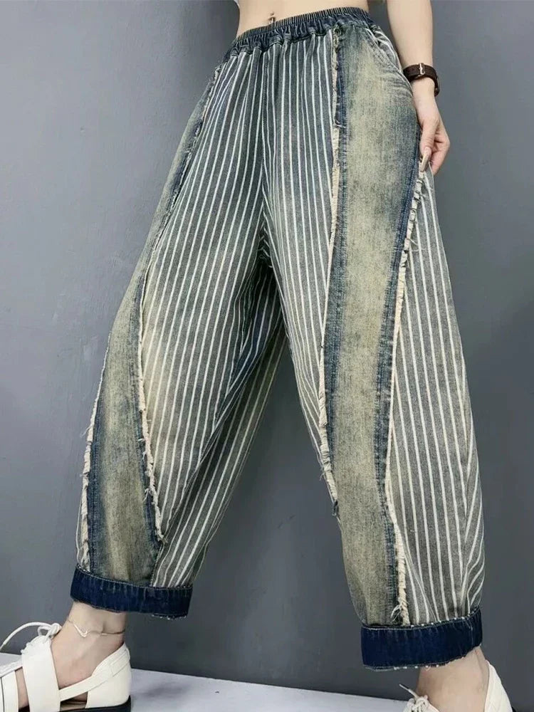 Amax luluE 2024 Summer Females Fashion Denim Pants Women Loose Vintage Striped Design Jeans Ladies Casual Classic Harem Trousers