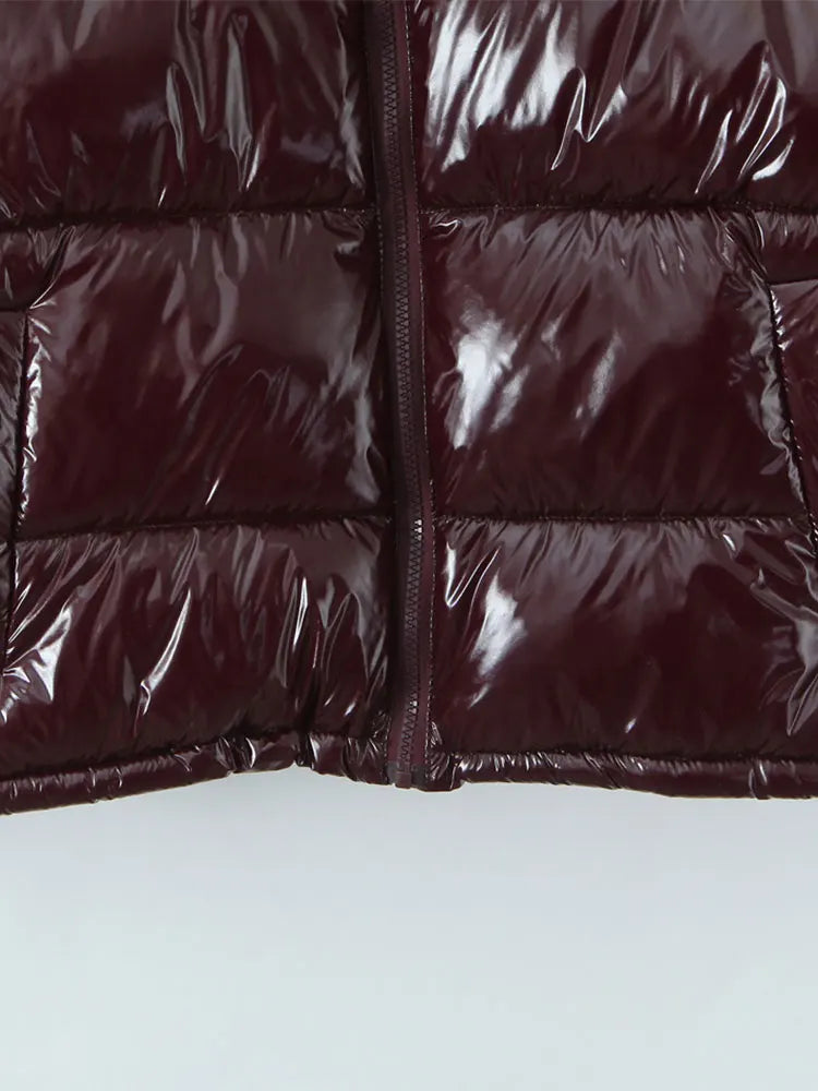 Glossy Hooded Parka – Y2K Stand Collar Zip Long Sleeve
