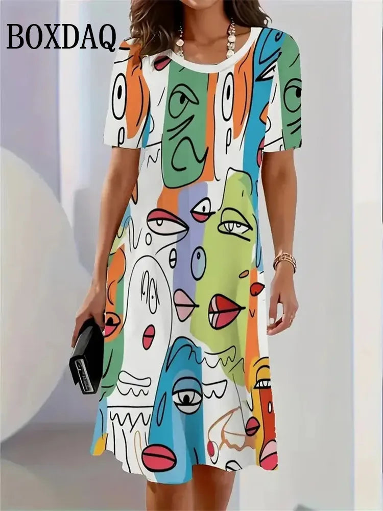 2025 Summer Women's Clothing Art Face Painting Print Women Casual Loose Short Sleeve Dresses Fashion Women Plus Size Dresses 9XL
