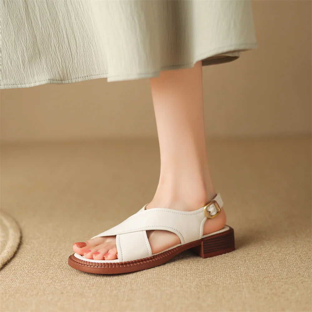 Women's flat sandals genuine leather cross strap open-toe summer casual female footwear high quality soft comfortable plus size
