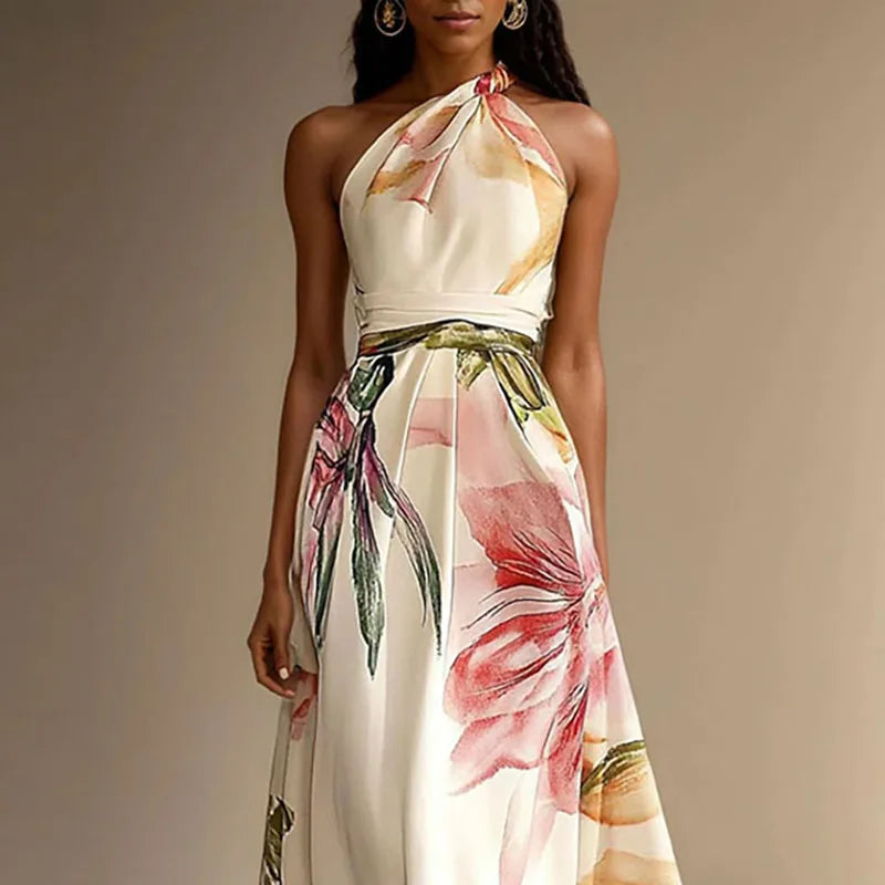Sexy Bohemian Beach Holiday Dress Woman Elegant Floral Print High Waist Long Dress Spring Summer One Shoulder Maxi Dress