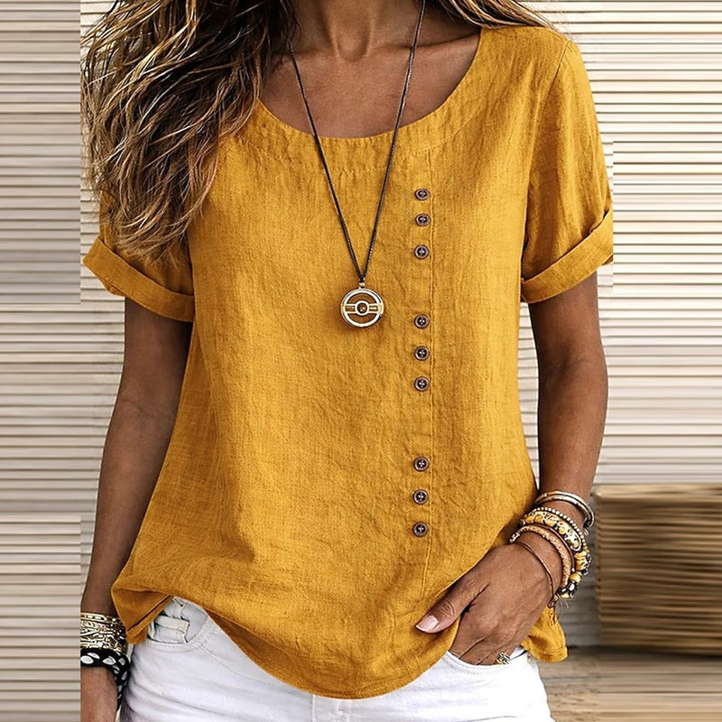 Vintage Short Sleeve Women T-Shirts O Neck Button Design Loose Tee Female Casual Harajuku Tops Summer Solid Color Oversize Tee