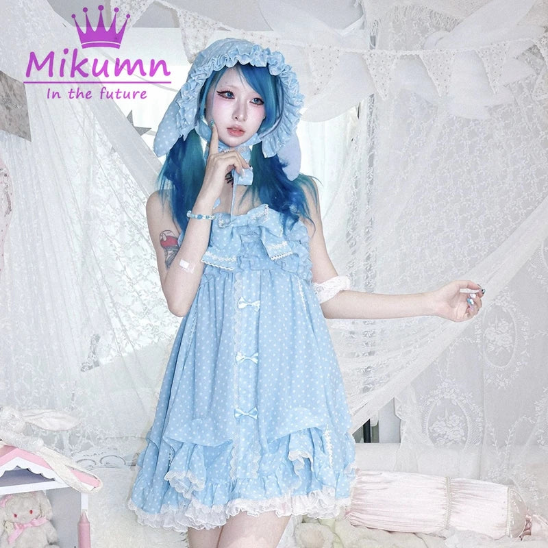 Mikumn Gothic Girls Vintage Pink Polka Dot Dress Harajuku Japanese Y2k Black Bow Kawaii Women Sleeveless Strap Mini Dresses