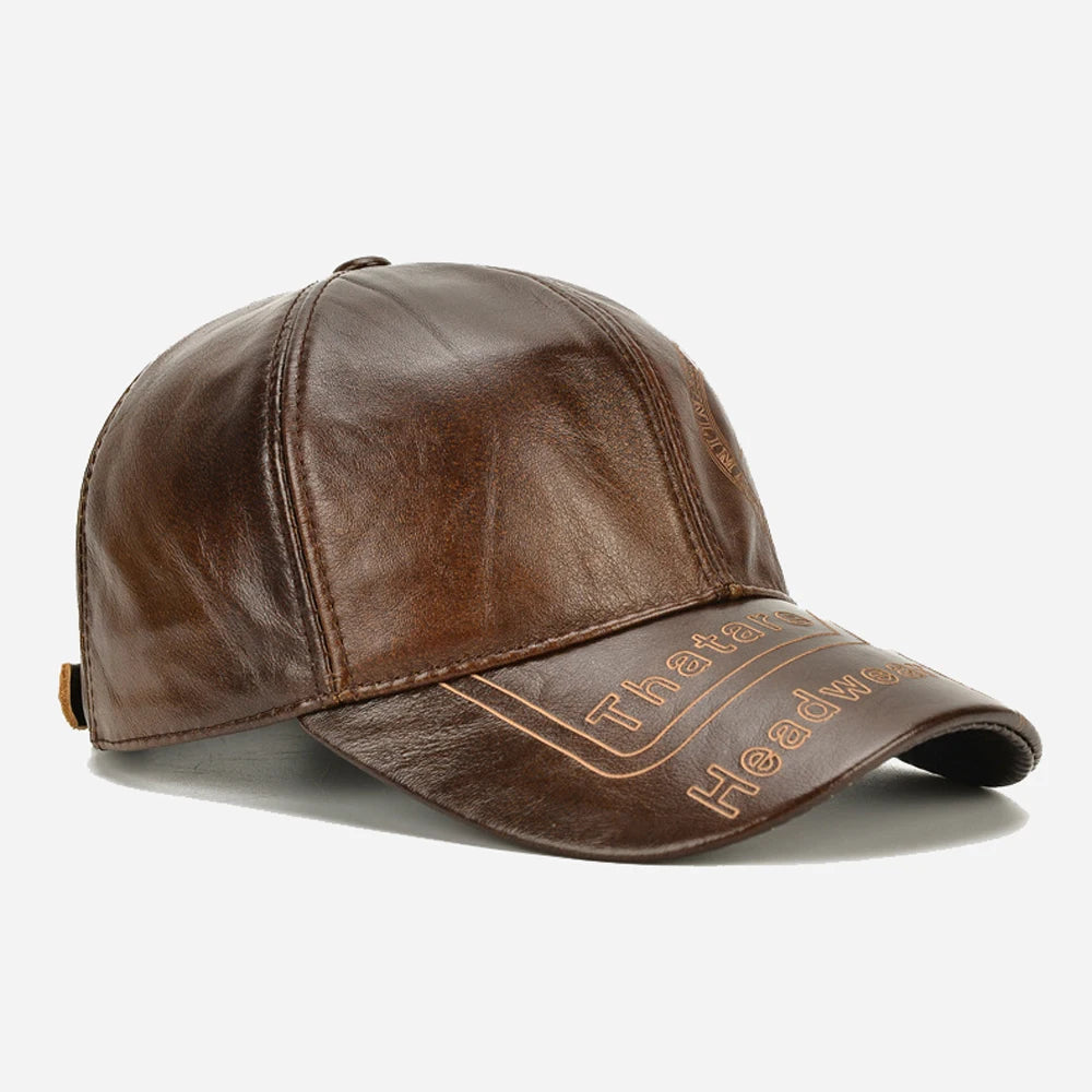 COWHIDE LEATHER BASEBALL CAP - Men's Genuine Leather Hat with Ear Protection Adjustable - Brown / Coffee