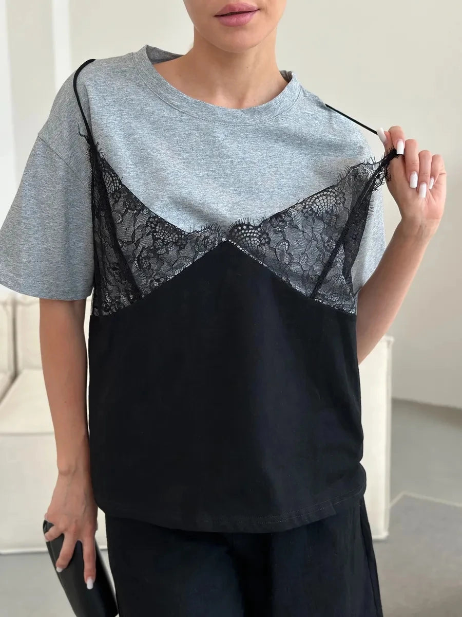 Hirsionsan Elegant Cotton T Shirt Women 2026 Summer Oversized Tee Casual Loose Lace Patchwork Tshirt Chic Vintage Female Tops