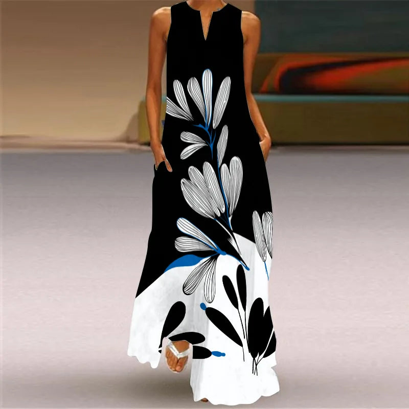 The New Sleeveless European and N Women's Dress V-neck Flower Retro Print Dress