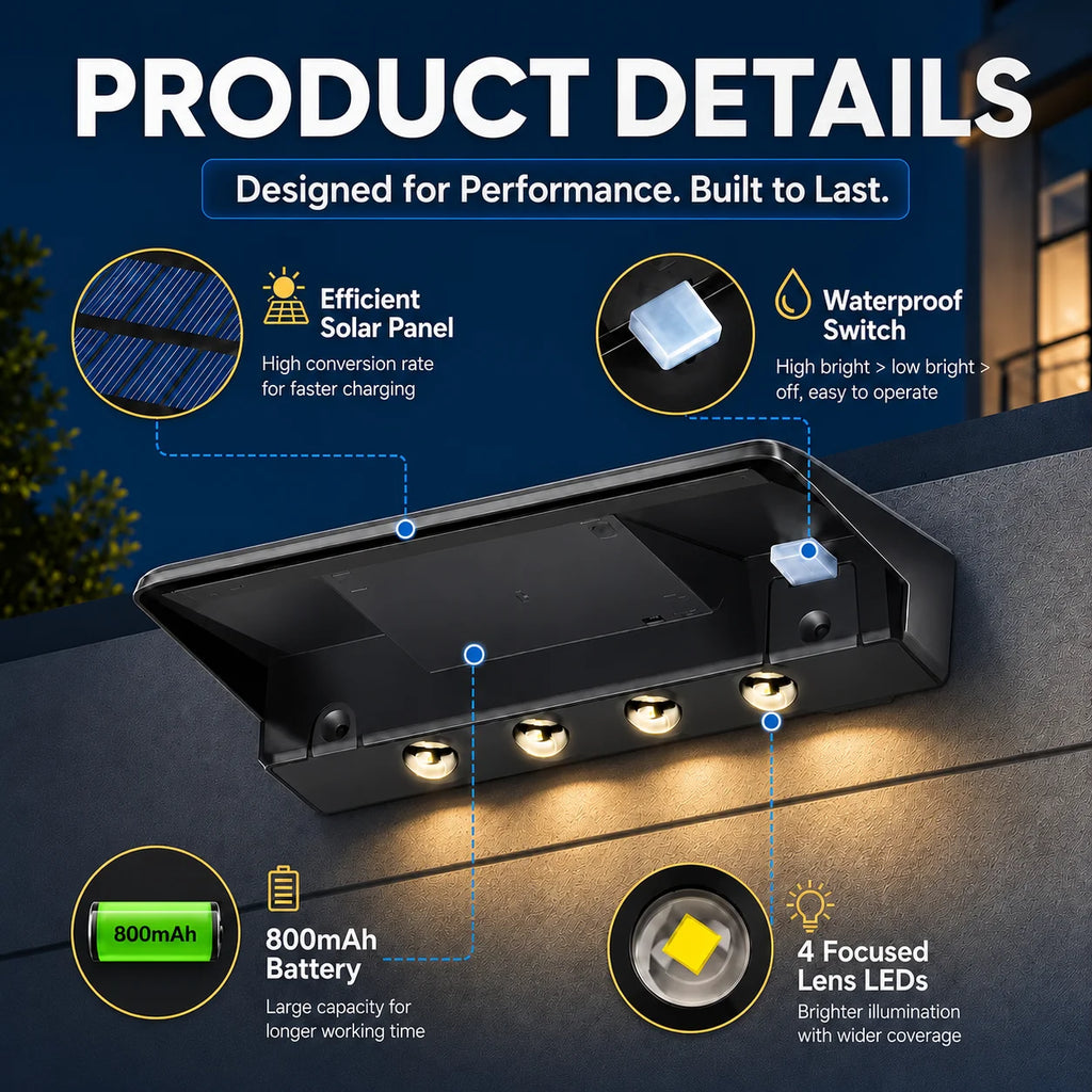SOLAR FENCE LIGHTS - 8-Pack, 4 LEDs, IP44 - Auto Night Glow