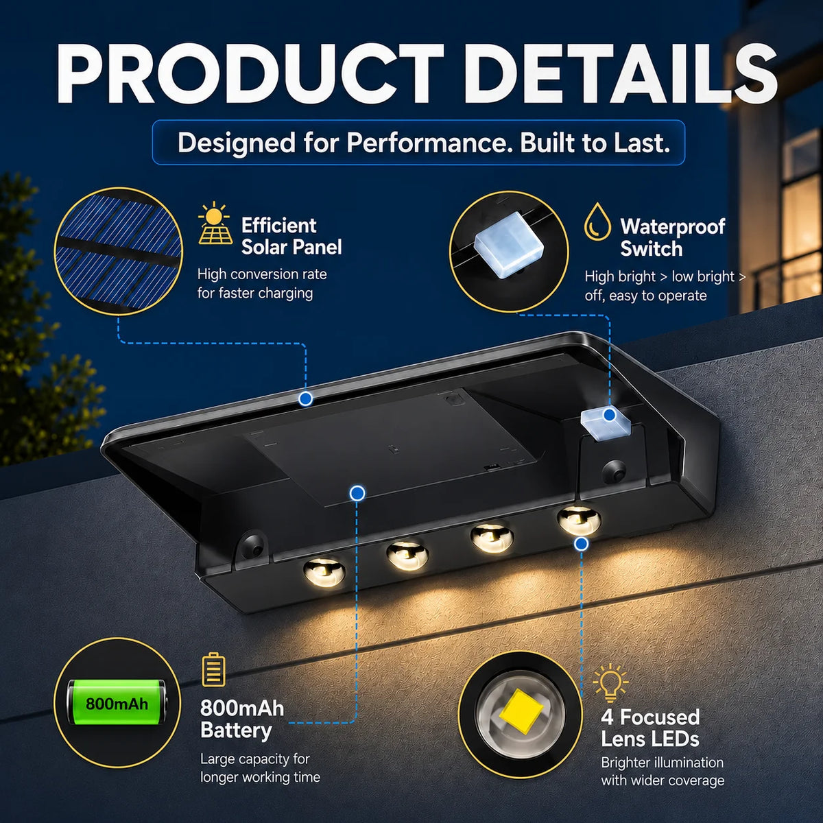 SOLAR FENCE LIGHTS - 8-Pack, 4 LEDs, IP44 - Auto Night Glow