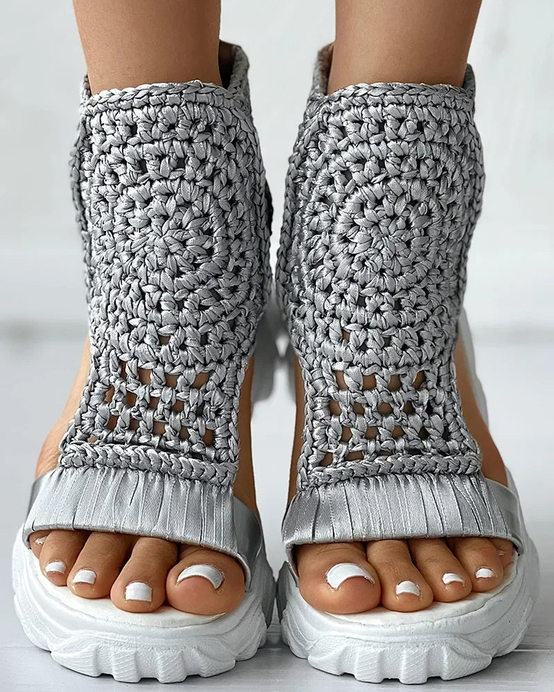 2024 Hot Seller New Gold Knitted Sandals for Women Braided Elastic Summer Shoes Mesh Flat Bottom Hollow Out Female Sandals