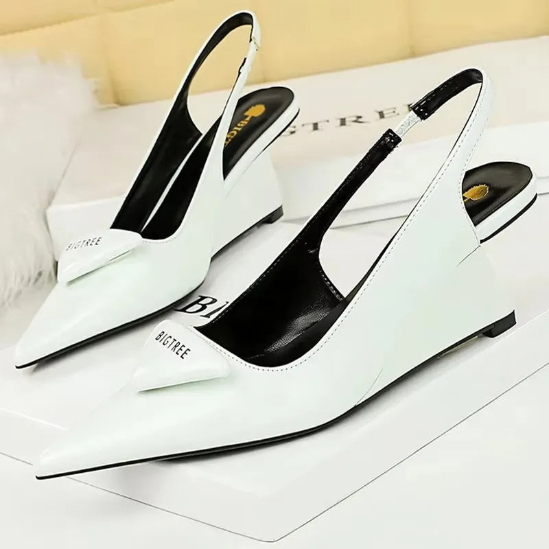 Patent Leather Wedge Pumps – Pointed Toe Hollow Back Strap