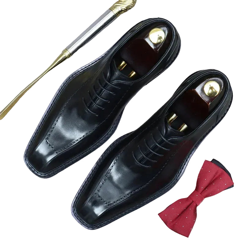 Men's Genuine Cowhide Leather Oxford Shoes - Formal Lace-Up British Style Wedding Dress Shoes