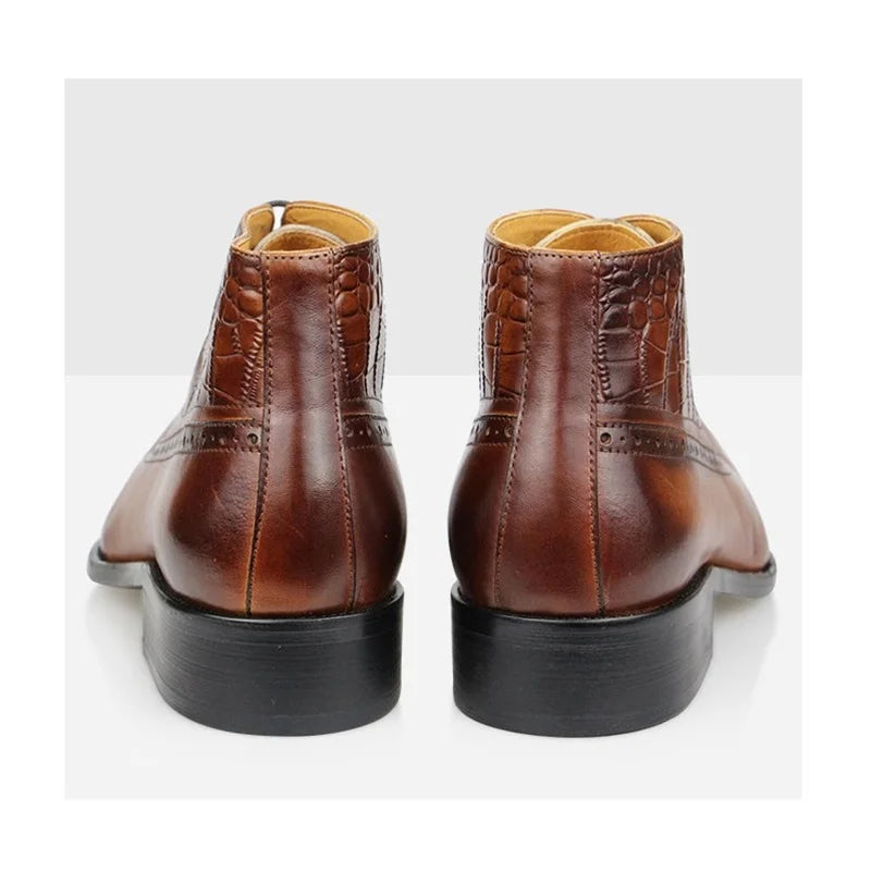 BRITISH PRINT - Men's Genuine Leather High Ankle Boots - Pointed Toe Retro Business