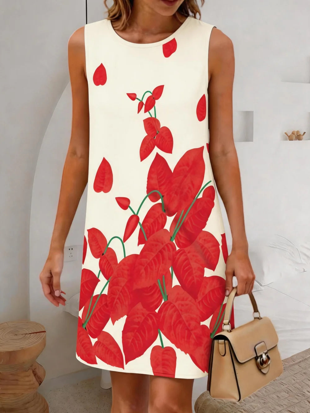 Summer New Women's Casual Fresh Simple Flower Leaves Graphics Sleeveless Dress Knee-Length Dresses Holiday Loose Woman Clothing