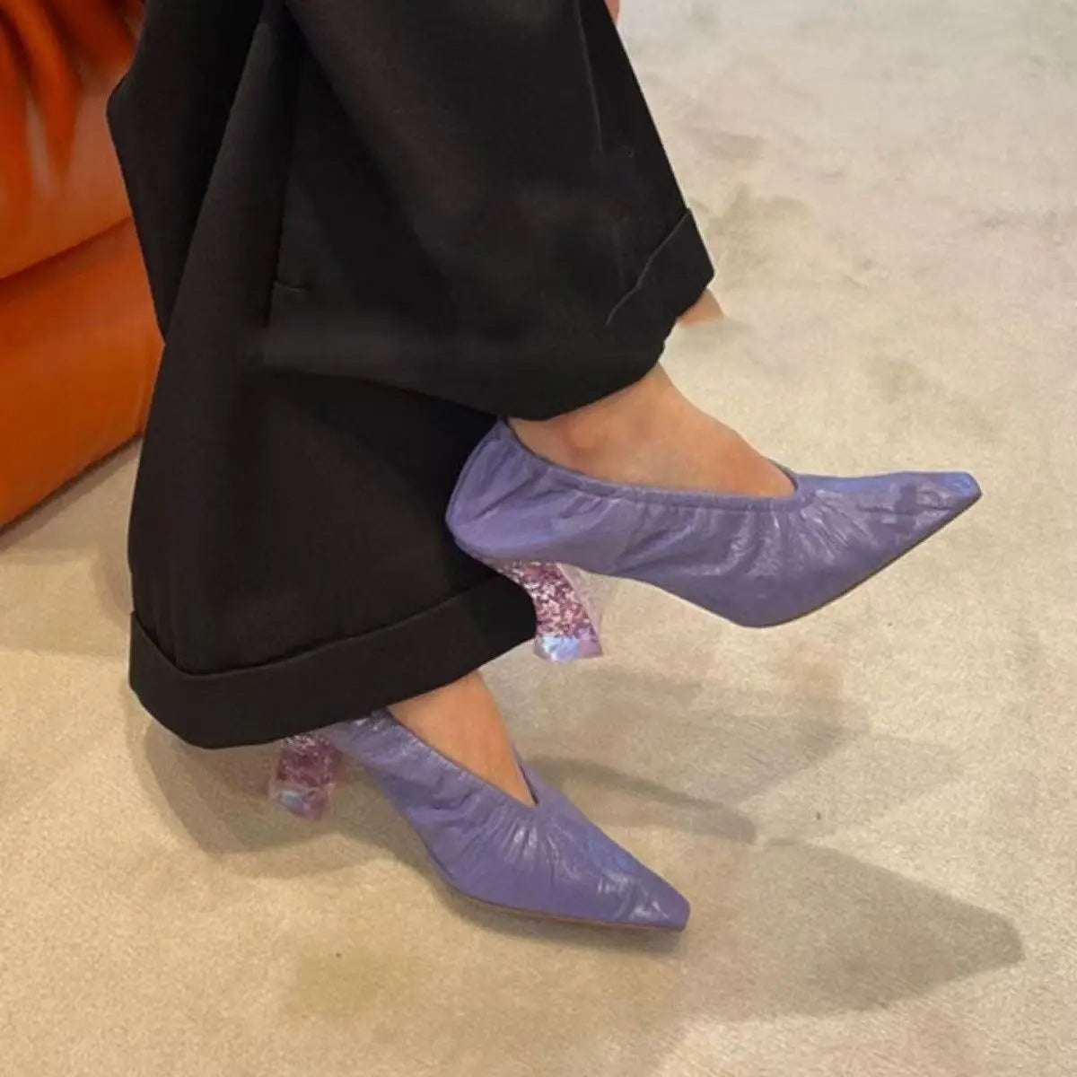 Pink Small Square Head Retro Heels for Ladies Genuine Leather Transparent Crystal High Heels Comfortable Sheepskin Women's Pumps