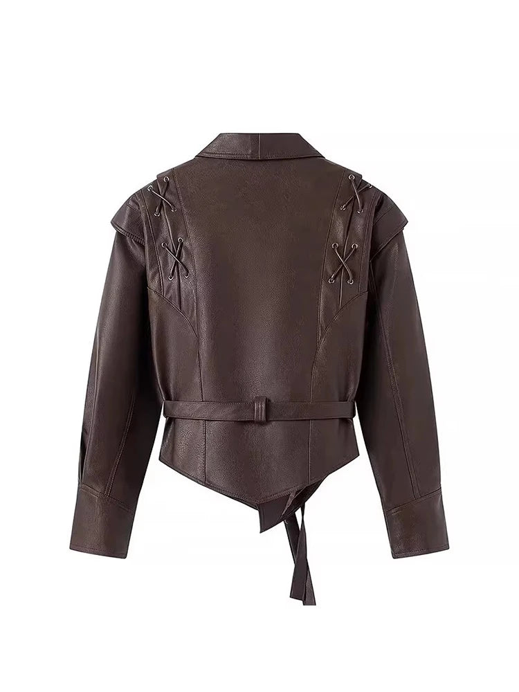 Mauroicardi Spring Autumn Short Retro Brown Pu Leather Jacket Women Sashes Lace Up Luxury Designer Emo Clothes European Fashion