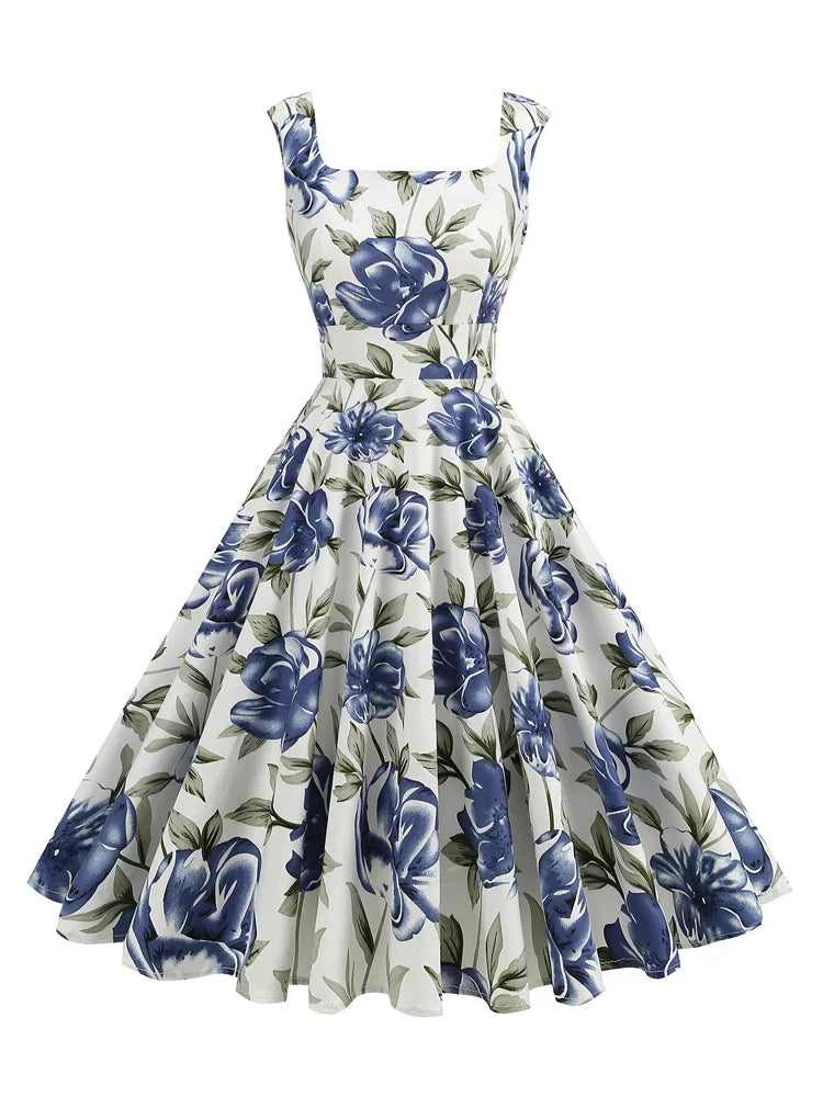 2025 New Hepburn Vintage Lemon Print 50s Pinup Women Cotton Dresses Square Neck Summer Sleeveless High Waist Elegant Party Dress