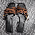 Women's Flat Slides Sandals Vintage Square Toe, Leather Strappy Buckle Outdoor Casual Shoes for Summer Fashion
