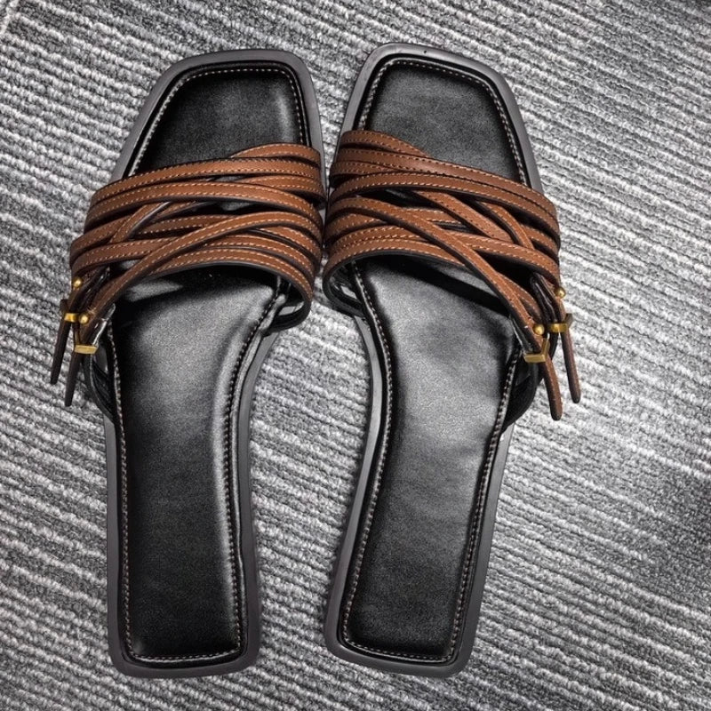 Women's Flat Slides Sandals Vintage Square Toe, Leather Strappy Buckle Outdoor Casual Shoes for Summer Fashion