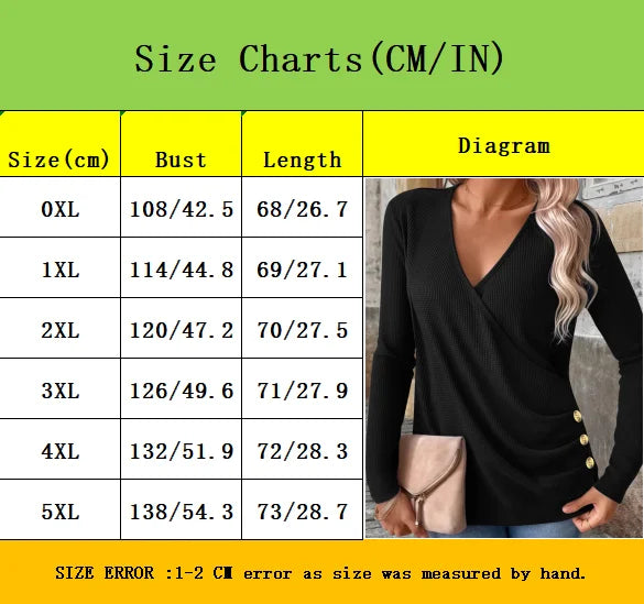 Plus Size Waffle Knit T-Shirt for Women, Elegant V-Neck Button Down Long Sleeve Top, Fall Comfort Fit Blouse