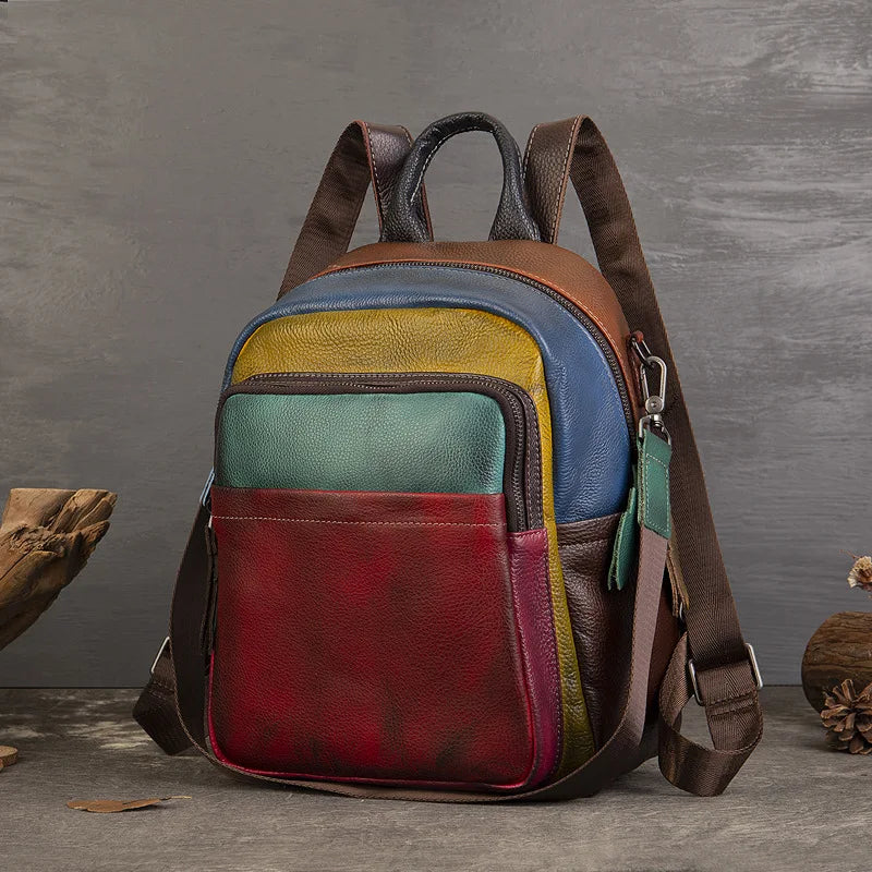 Patchwork Genuine Leather Backpack Women Cowhide Multicolor