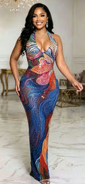 Rhinestone Mesh Halter Bodycon Maxi Gown