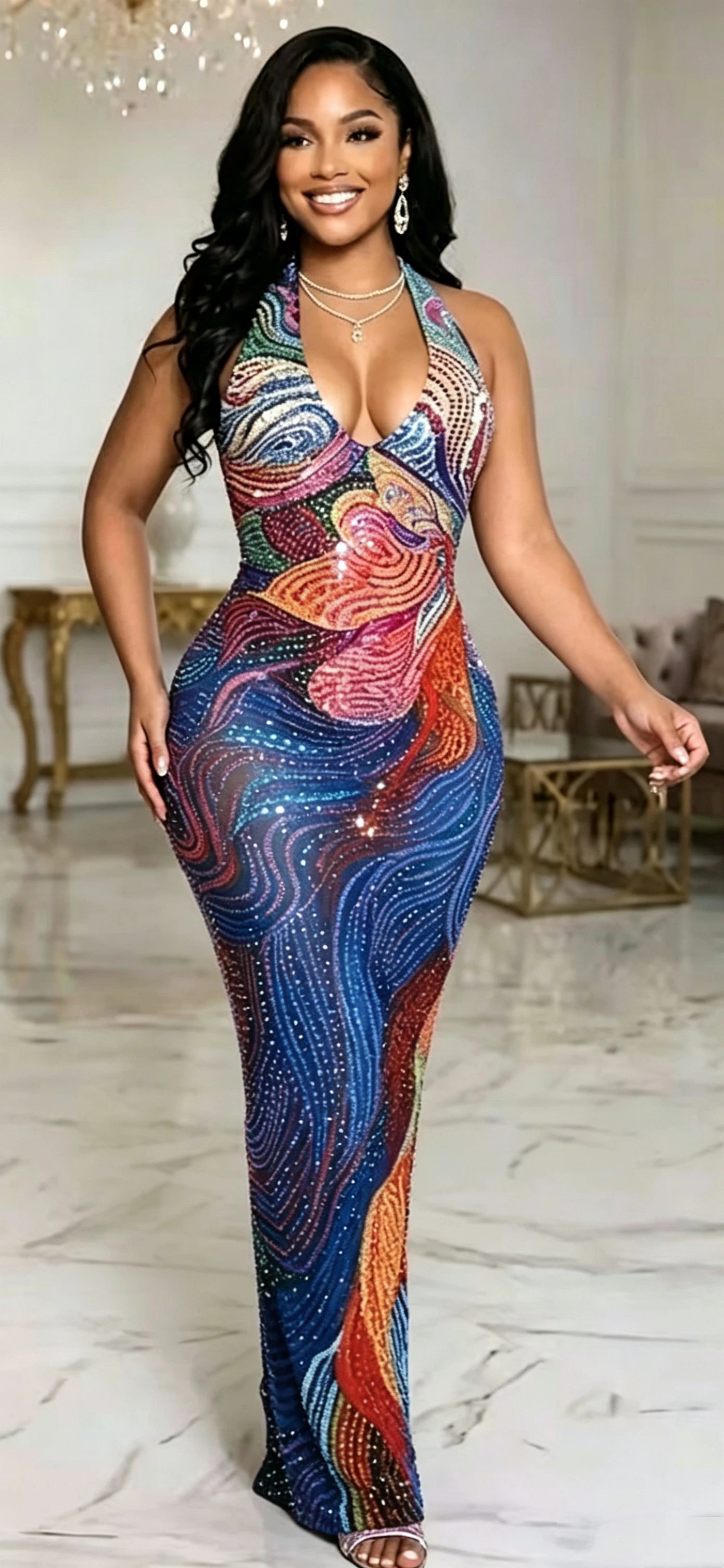 ZD ZD Plus Size Sexy Sheer Mesh Dress with Low Back & Colorful Rhinestones - Glamorous Nightclub & Party Gown for Women