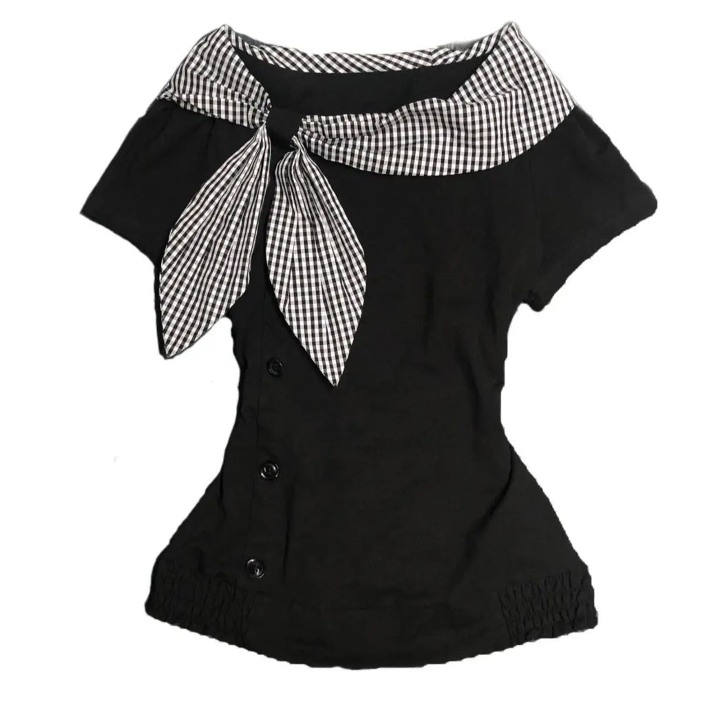Onalippa 2025 American Retro Vintage Irregular Short Sleeved T-shirt Button Millennium Y2k Checkered Navy Collar Top Women