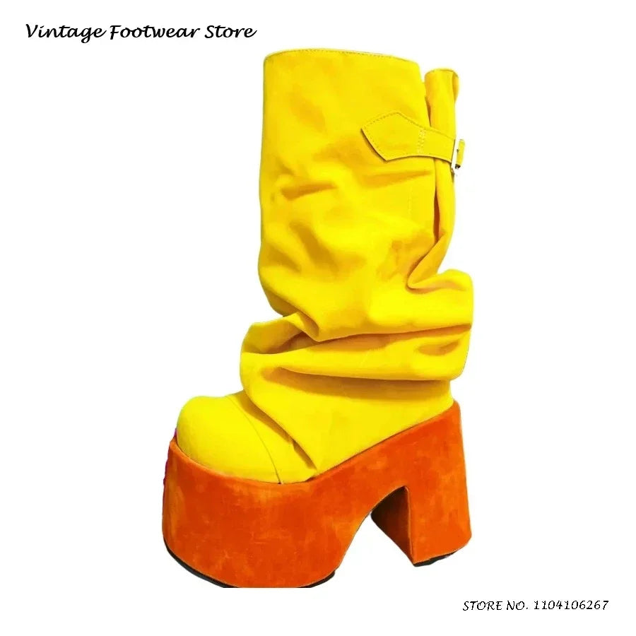 Patchwork Pleated Suede Knee-High Platform Boots